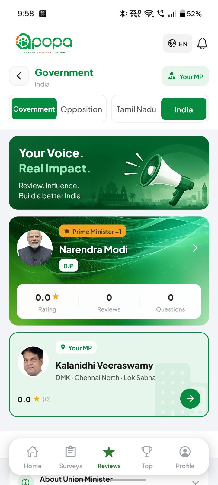 APOPA app — leader and MP tracking screen