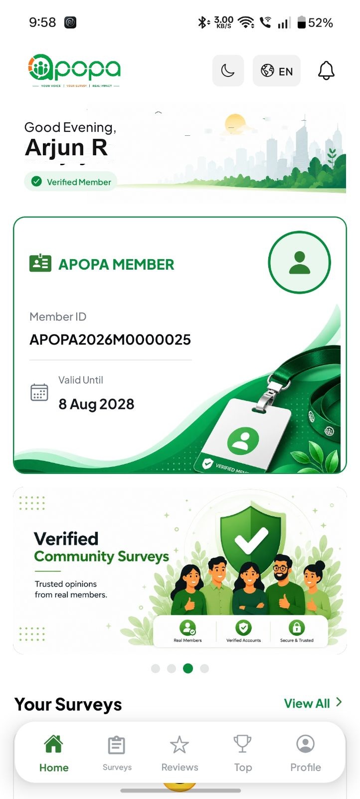 APOPA app — home dashboard with member card
